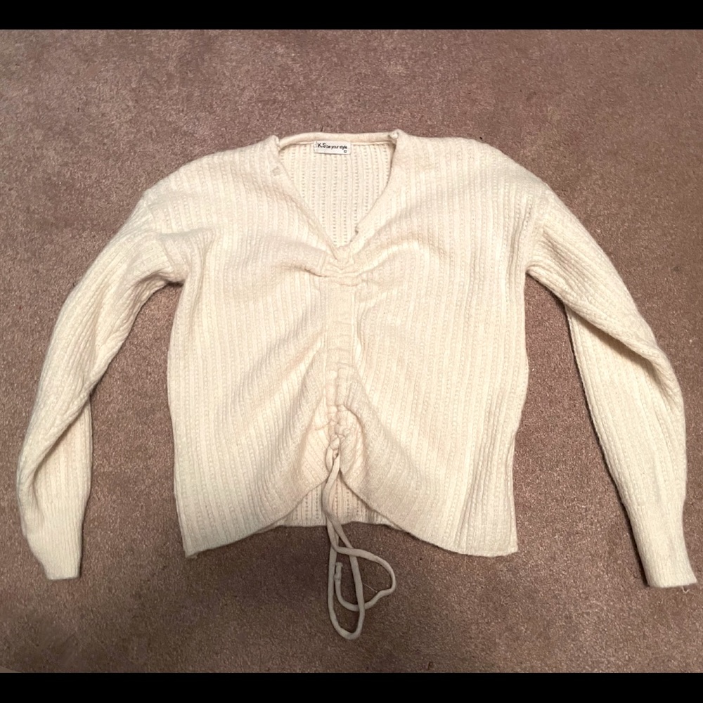 KS Be your style white sweater with adjustable middle tie, kawaii, cute, pure